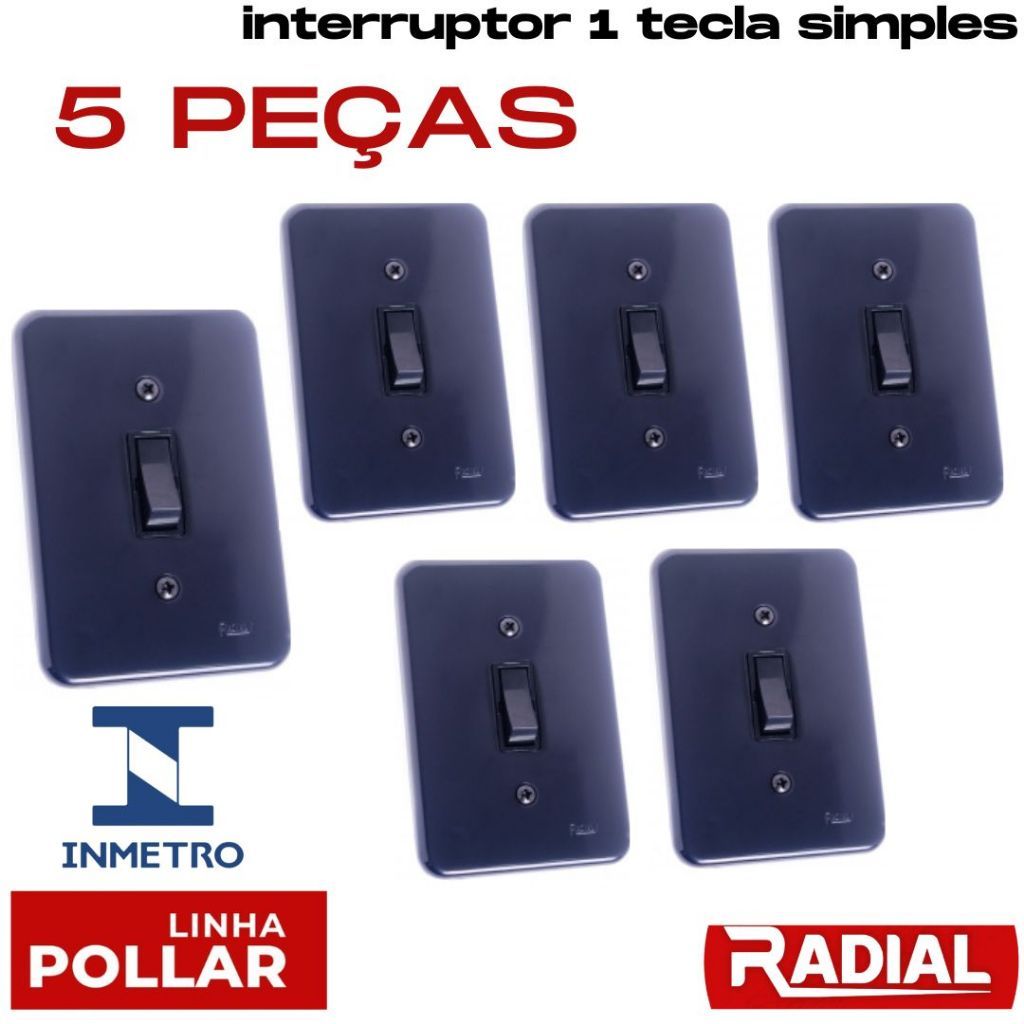 Kit 5 Interruptor Simples 1 Tecla 4x2 Com Placa 110v - 220v Preta