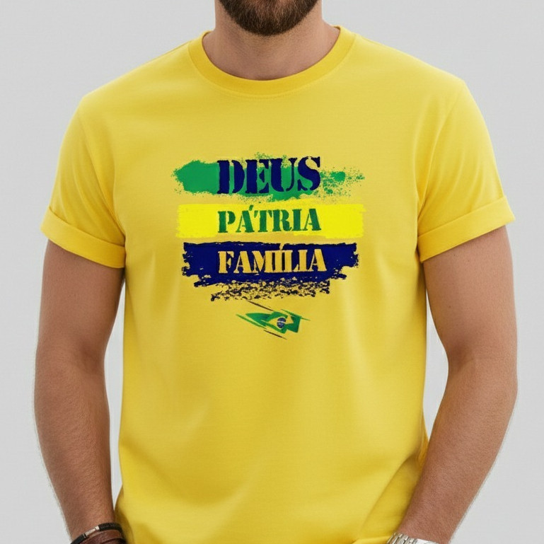 Camiseta Unissex Masculina Feminina Deus Pátria e Familia Bolsonaro Direita Brasil Acima de Tudo Deus Acima de Todos