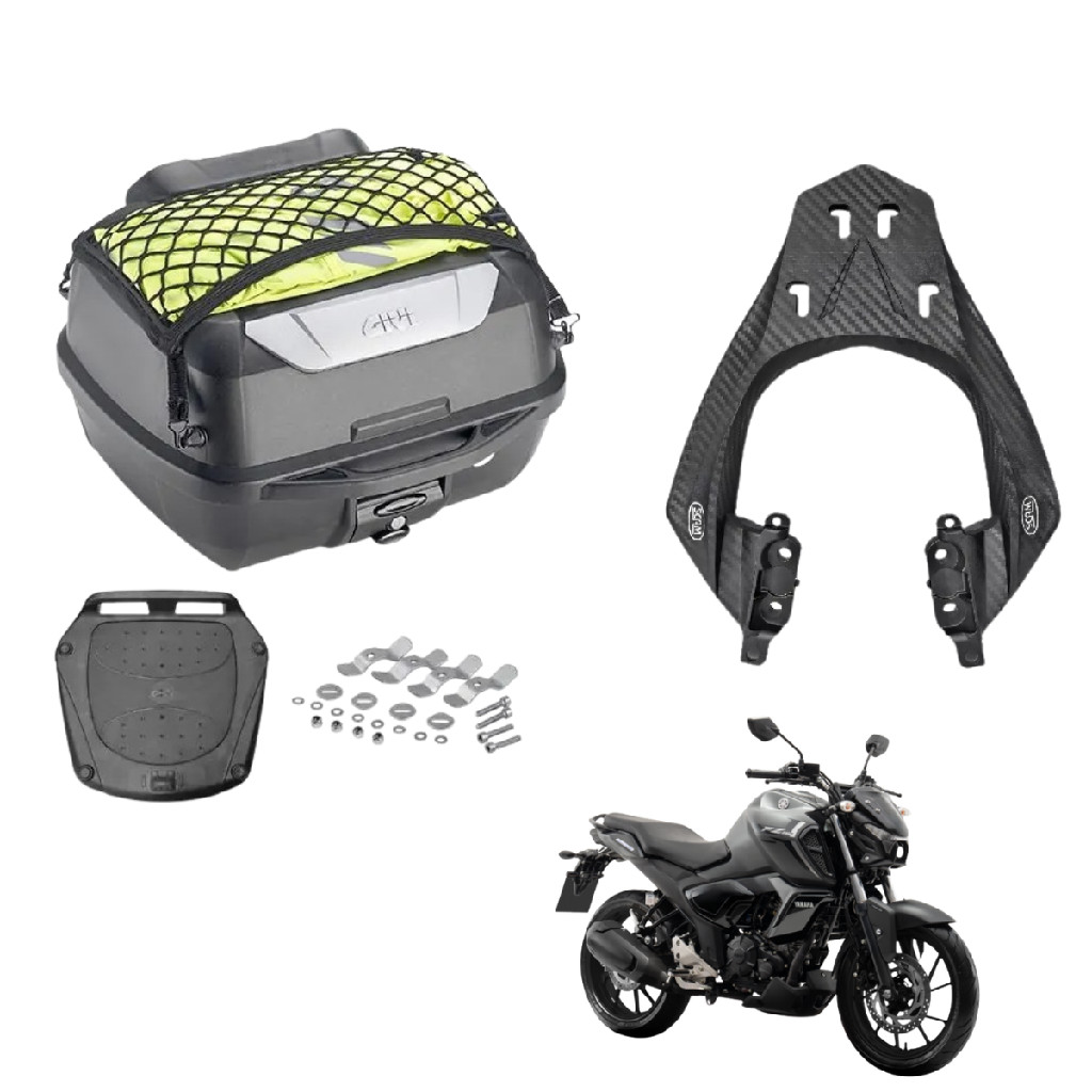 Kit Bau De Moto Givi 43L Adventure E Bagageiro Suporte Scam Fiberforce Yamaha Fazer FZ15 2023 A 2026 Bauleto
