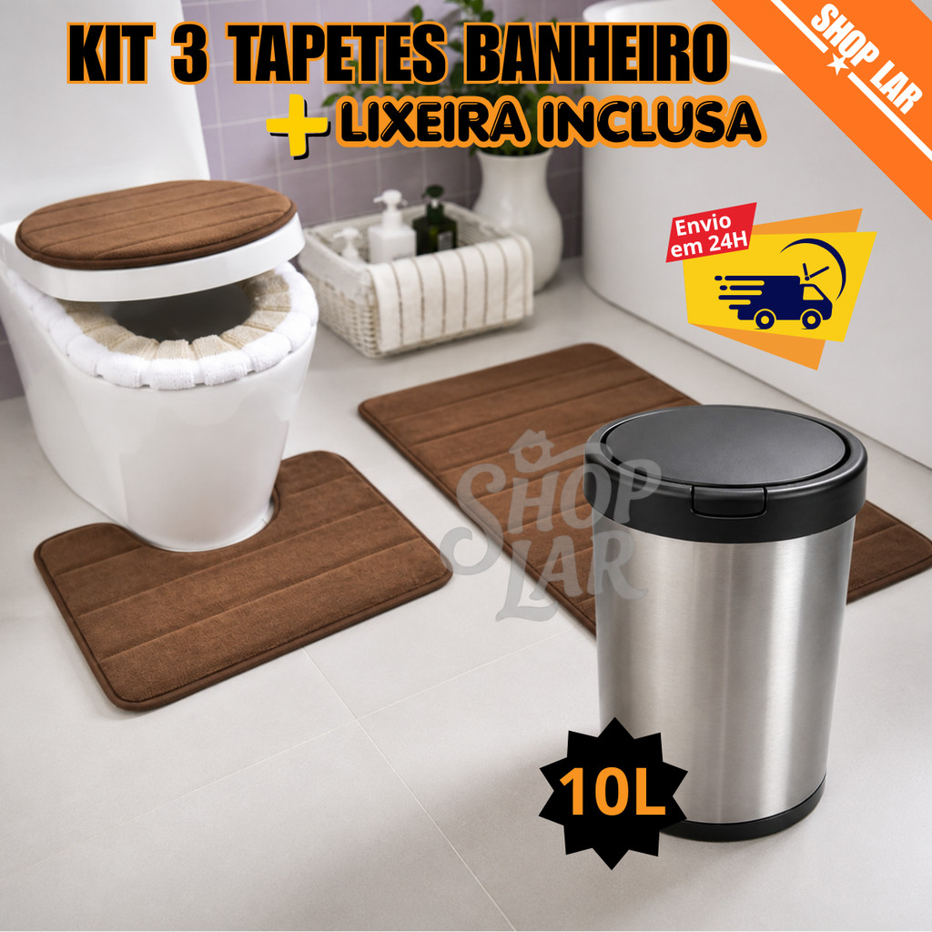Jogo 3 Pç Tapete Banheiro Premium Emborrachado + Lixeira 9 L
