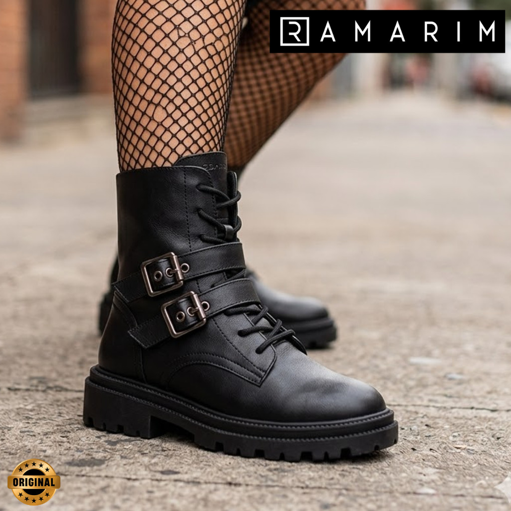 Bota Ramarim Feminina Coturno Cano Médio Solado Tratorado Fivela Ajustável Zíper Conforto Original