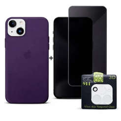 Kit 3em1 Case Silicone Colorida iPhone 11 12 13 14 15 16 + Película Vidro Privacidade + Lente Câmera - Kit Premium