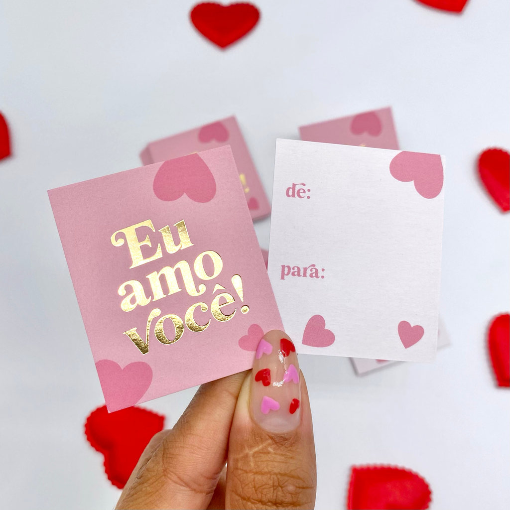 10un Mini Cartão Hot Stamping "Eu Amo Você" Rosa - Coleção Dia dos Namorados
