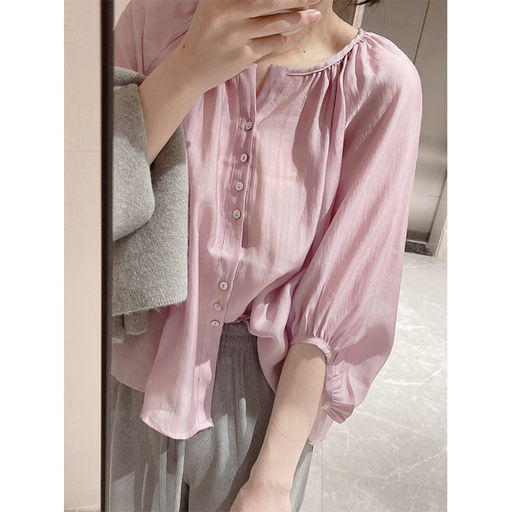 Camisa roxa Tencel manga lanterna francesa feminina verão meia manga blusa manga curta Chiffon protetor solar camisa Top