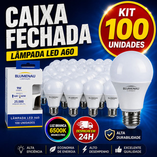 Kit 100 Lâmpadas Led 9W Blumenau Iluminação Bulbo A60 Pera Branco Frio 6500K Branco Quente 3000K Luz Amarela Bivolt E27