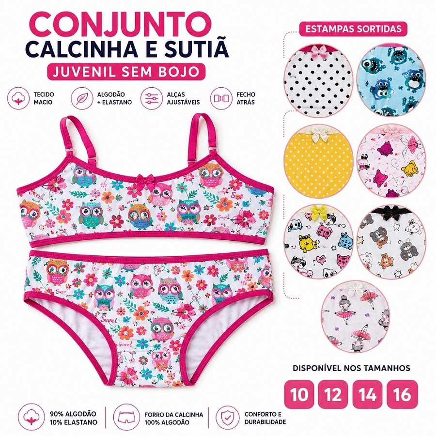 Conjunto Infantil E Juvenil Sutia E Calcinha Algodão Top´estampado confortavel