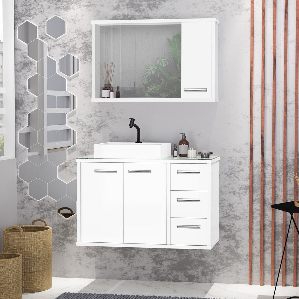 Gabinete para Banheiro com Tampo de Vidro Cuba de Sobrepor e Espelheira 80cm Turin Branco