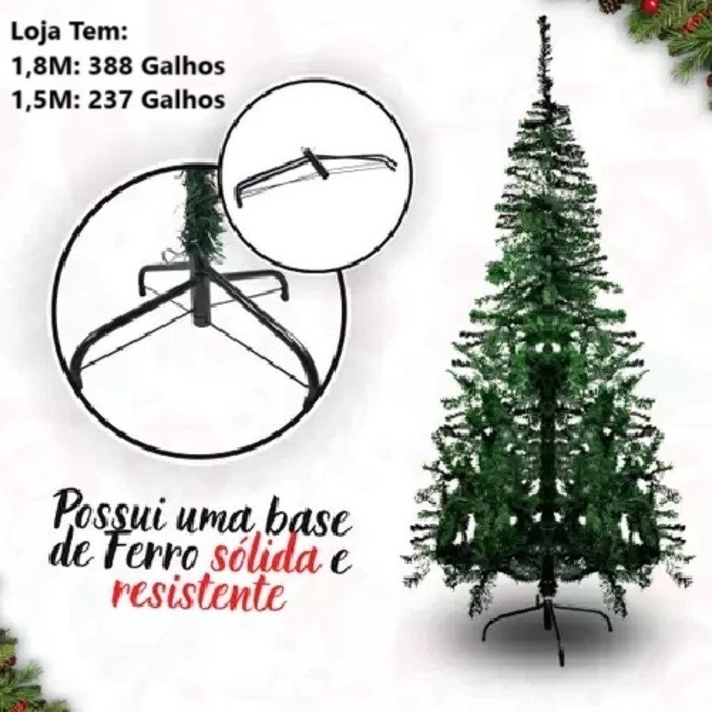 Árvore Verde De Natal Tradicional 1,8M Com 388 Galhos Ou 1,5M E 237 Galhos Apoio De Metal Natalina