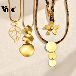 Vnox Boho Empilhado Disco Oco Folha Flor Pingente Leopardo Corrente Colar Para Mulheres Menina Impressão Gargantilha