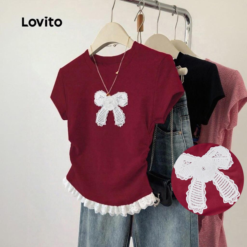 Lovito Camiseta Casual De Natal/festa De Ano Novo Com Renda Cor Vinho Para Mulheres L164ED046