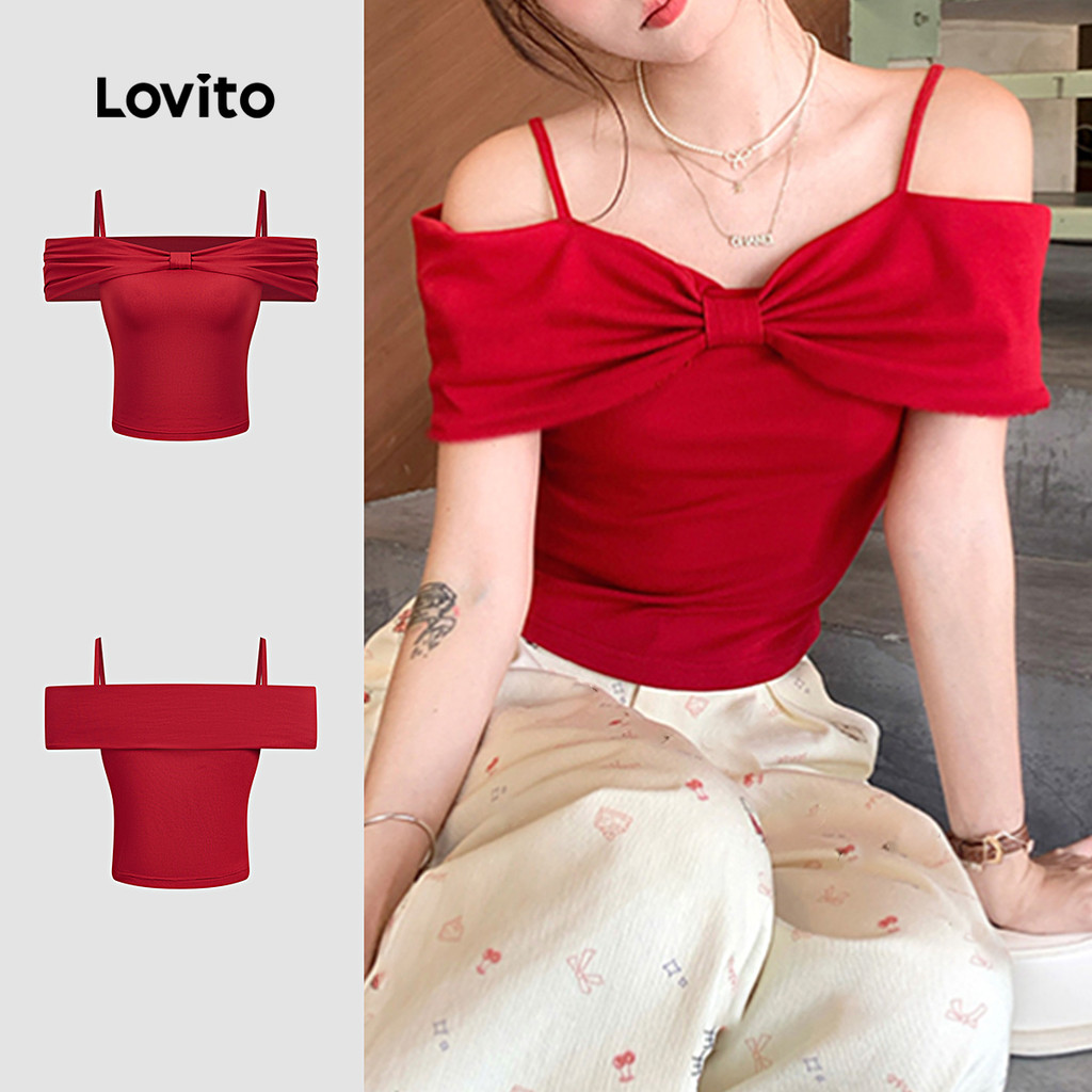 Lovito Camiseta Feminina Elegante Para Festa Com Ombros À Mostra Na Cor Vermelha Ideal Para Primavera/verão L159AD308 em Oferta na Shopee