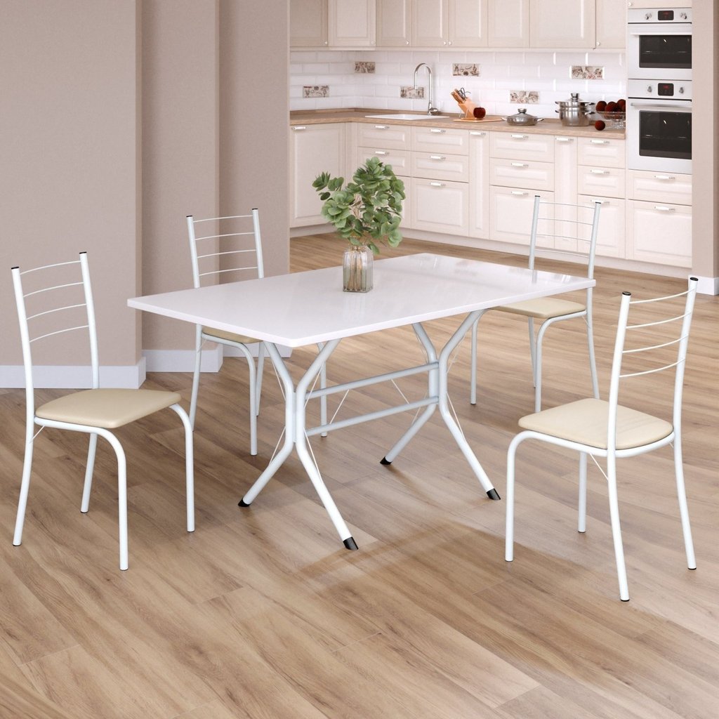 Conjunto Sala de Jantar Mesa Retangular 120x75cm Tampo Madeira Mdp White 4 Cadeiras Rio Creme/Branco