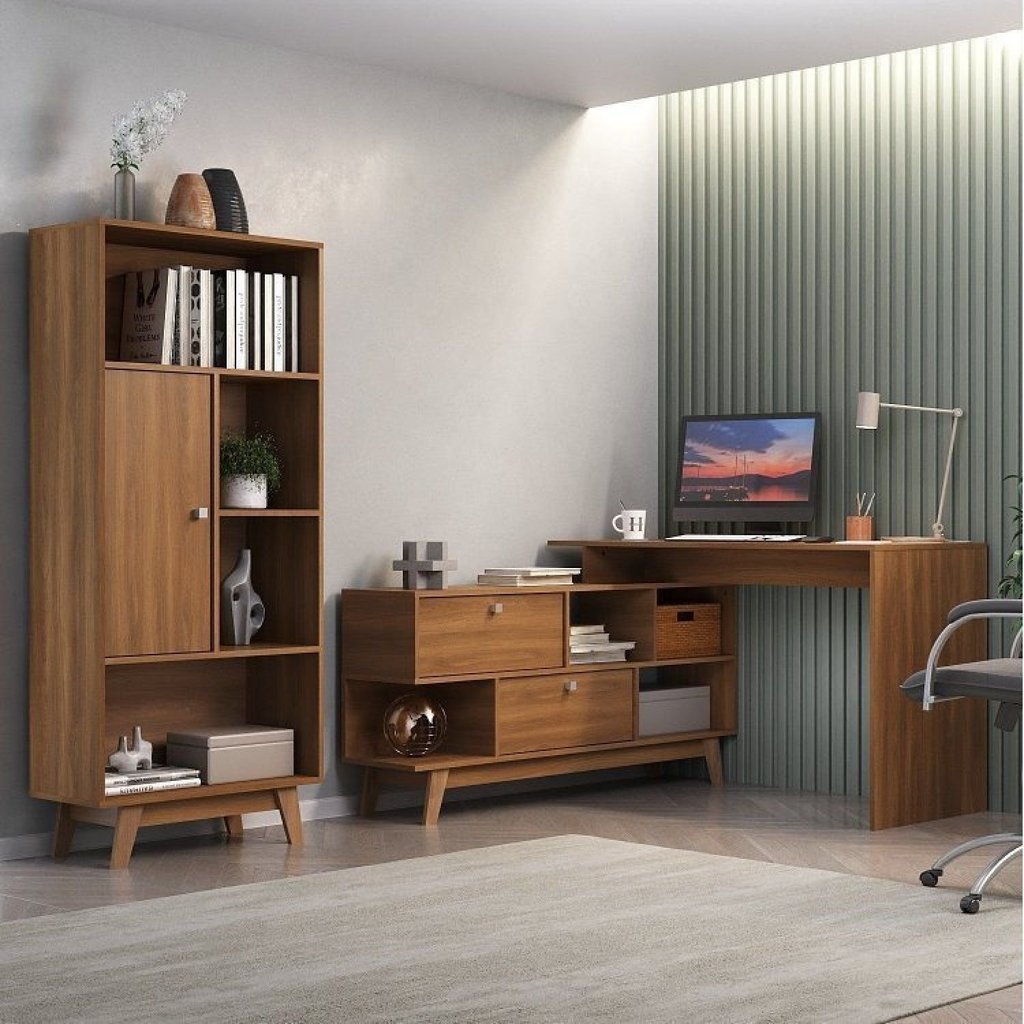 Conjunto de Escritório Escrivaninha em L 120x136cm 2 Portas e Estante 1 Porta Retrô Yescasa Marrom/Nogal Nogal