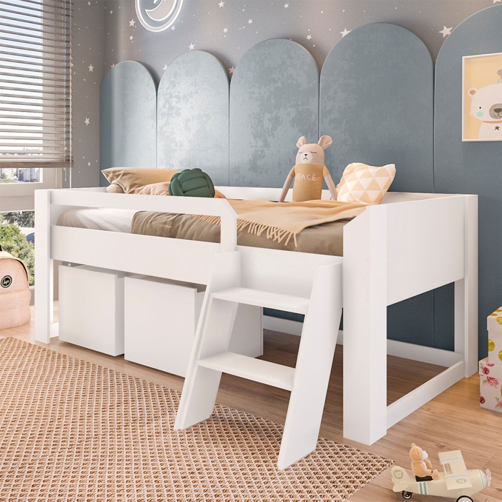 Cama Infantil Yuuk 2 Baús com Escada Branco - Pnr Móveis