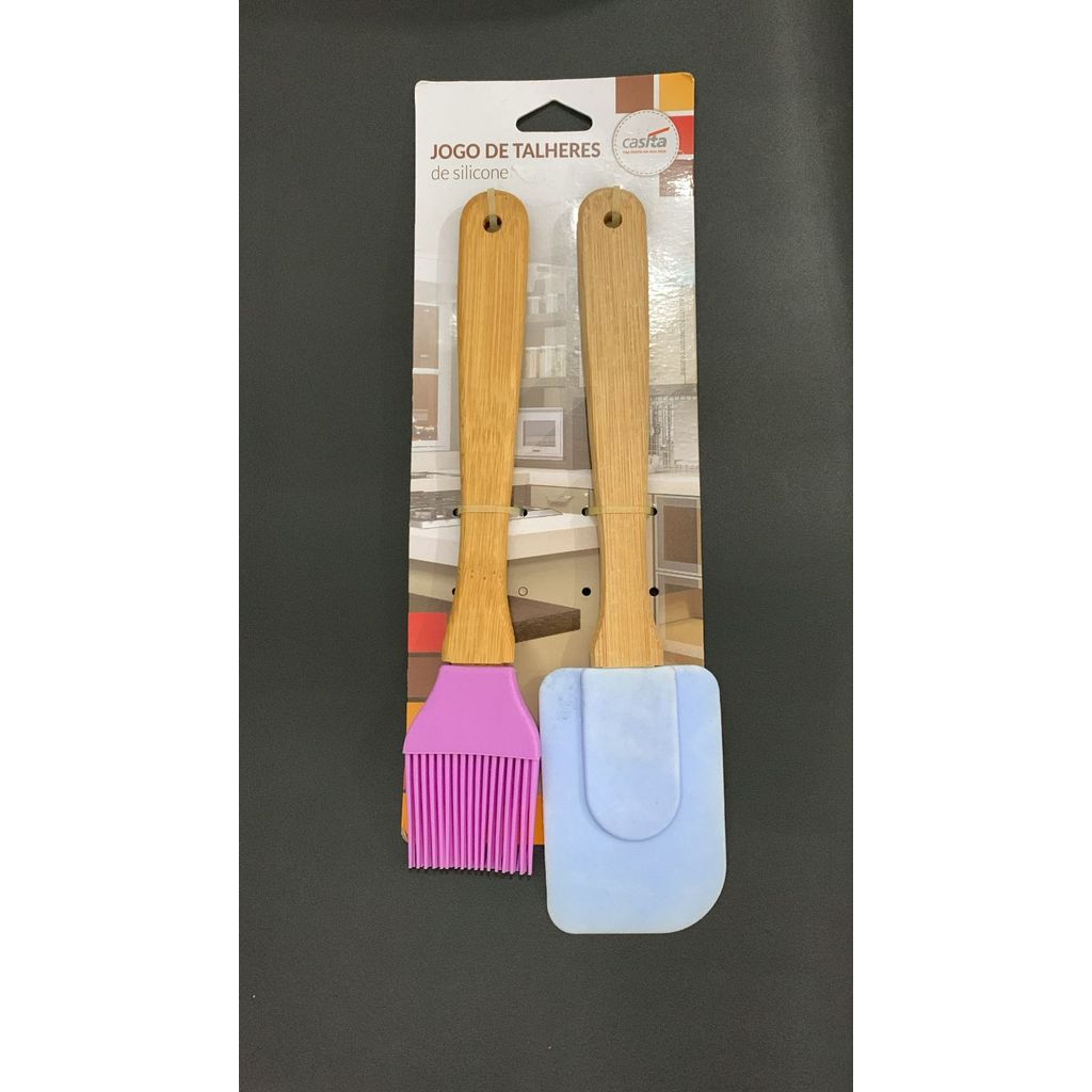 Kit Utensílios De Cozinha Em Silicone Com Cabo De Bambu 2 Peças