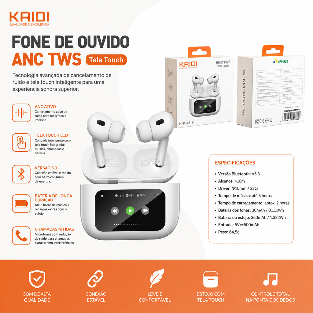 Fone Bluetooth KAIDI KNC4219 ANC TWS com Tela Touch Bluetooth 5.3