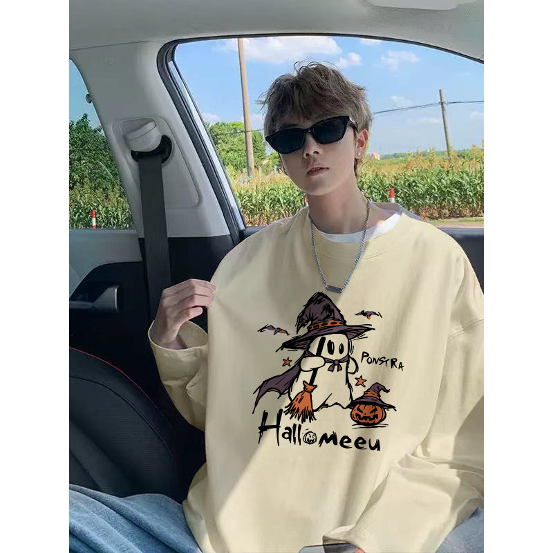 Camiseta masculina de manga comprida de algodão puro primavera outono americano Retro solto casal interno fino em torno 