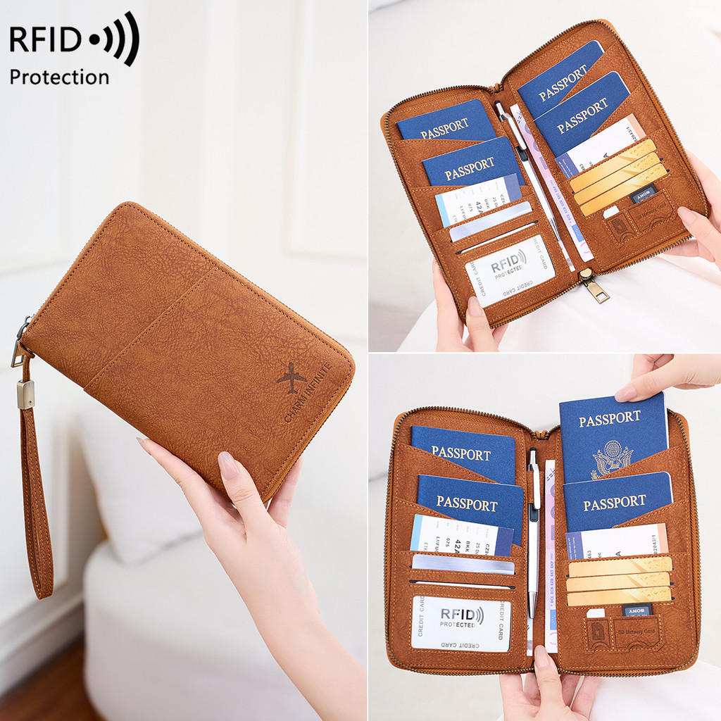 Novo Porta-Passaporte RFID Anti-Magnético com Zíper Longo, Carteira Multifuncional para Passaporte, Bolsa de Armazenamen