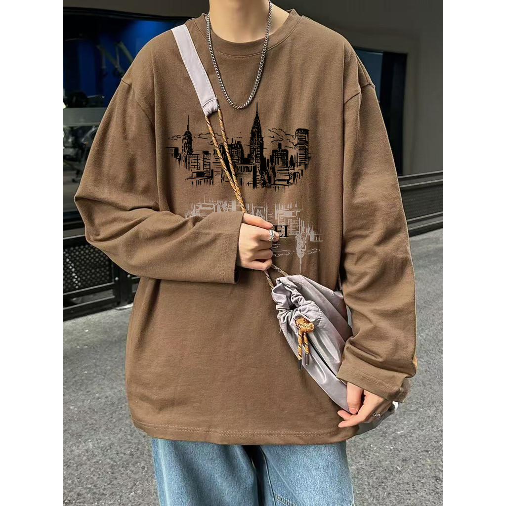 Algodão puro americano High street Wear manga comprida camiseta masculina 2026 primavera novo estilo solto tamanho grand
