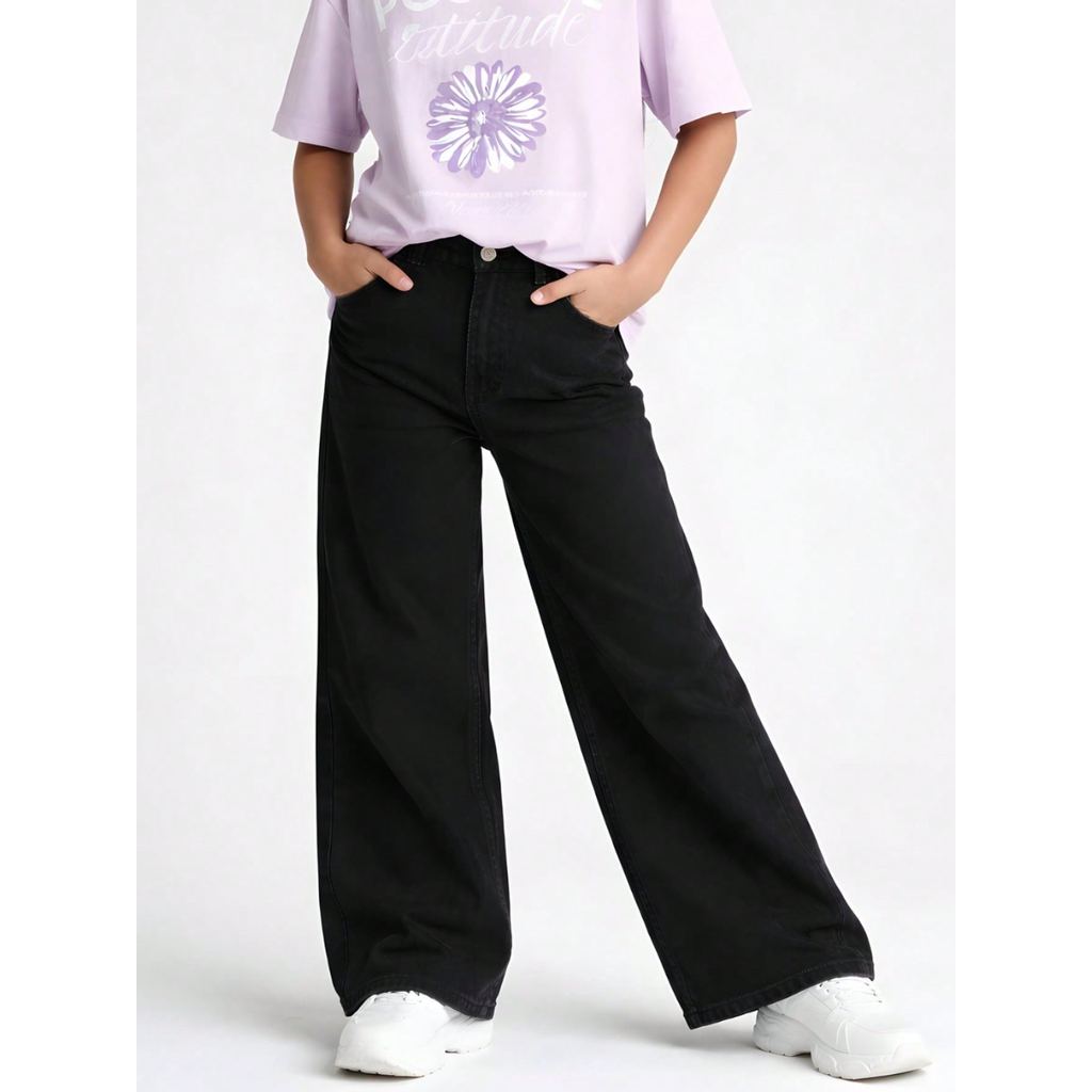 Detalhes do Calça Jeans Wide Leg Feminina Infantil Perna Larga e Bolsos Laterais Confortável Moda Casual e Infantil Moderna