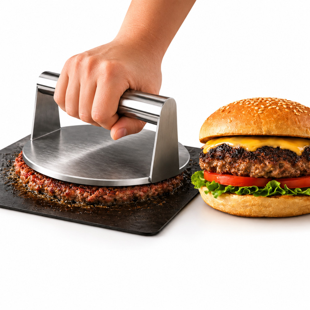 Prensador De Hambúrguer Profissional Prensa Hamburguer Aço Inox Amassador Carne Artesanal Chapa