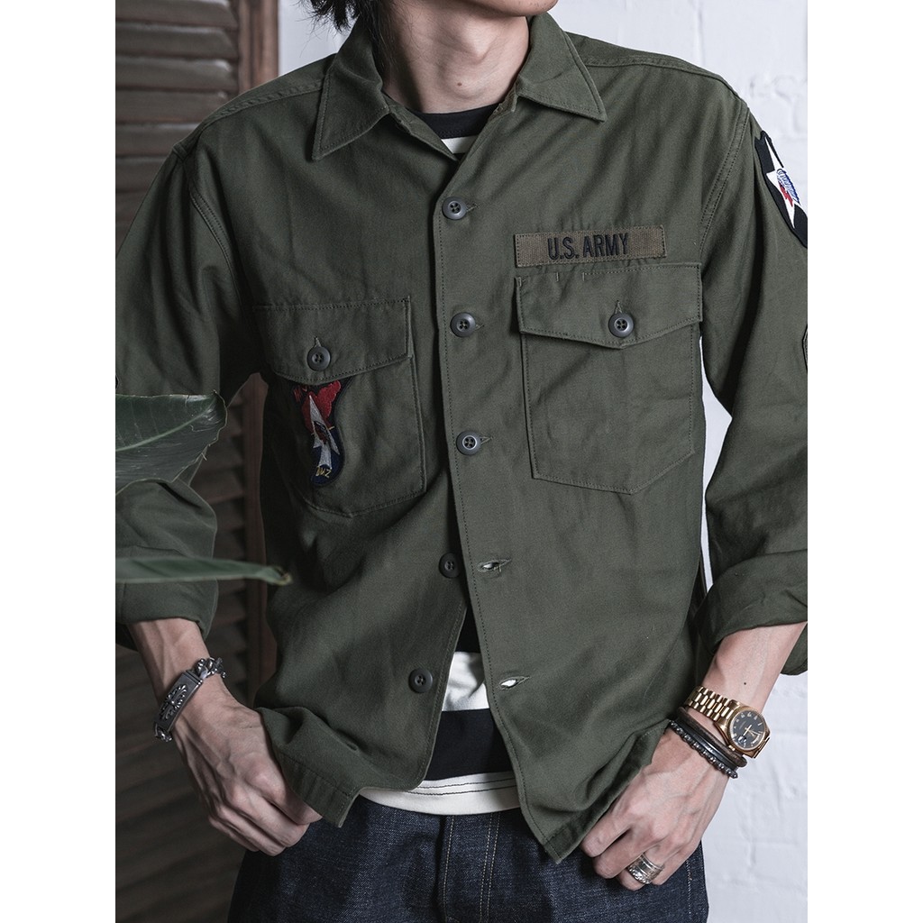 NÃO ESTOQUE OG-107 Retro Estilo Militar Camisa de Manga Comprida US.ARMY Camisa Grossa de Cetim Homens Mulheres