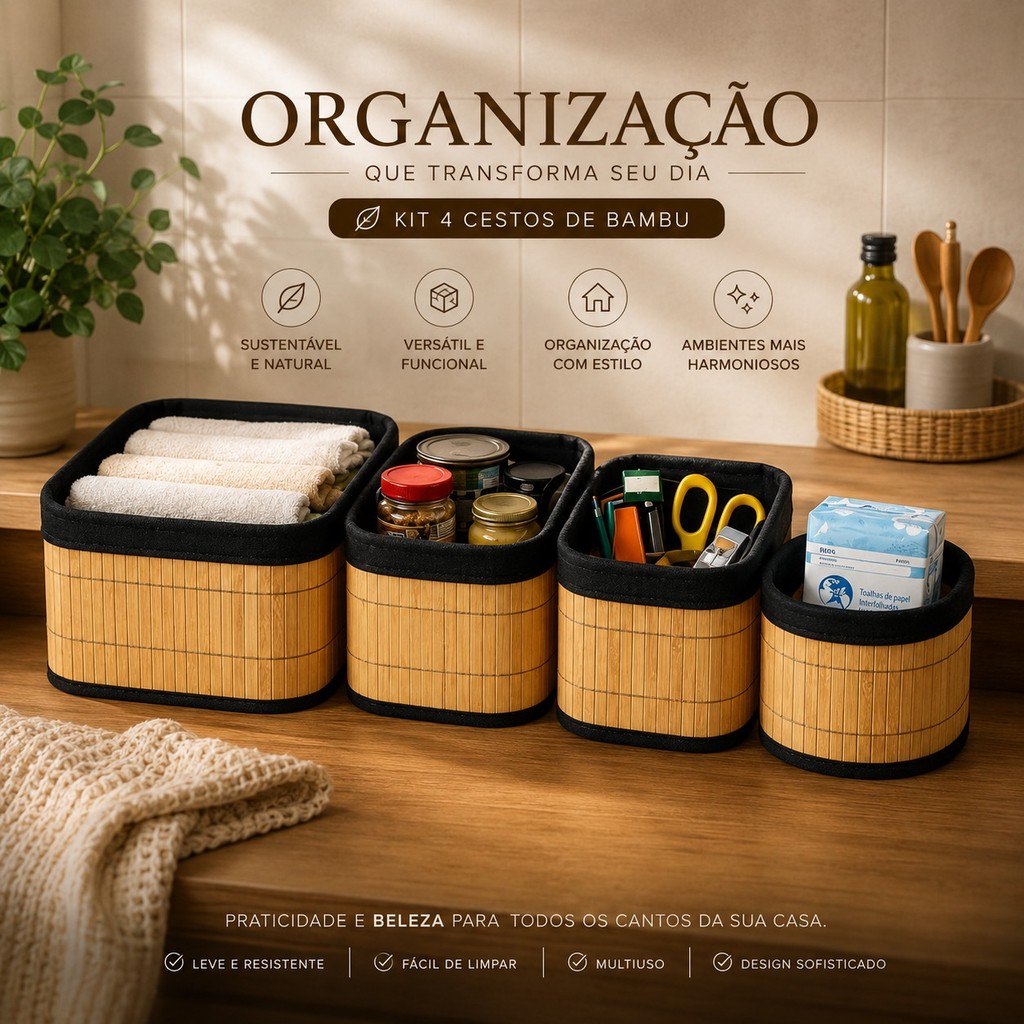 Cesto Organizador de Bambu Preto Decorativo Multiuso para Banheiro Quarto e Cozinha