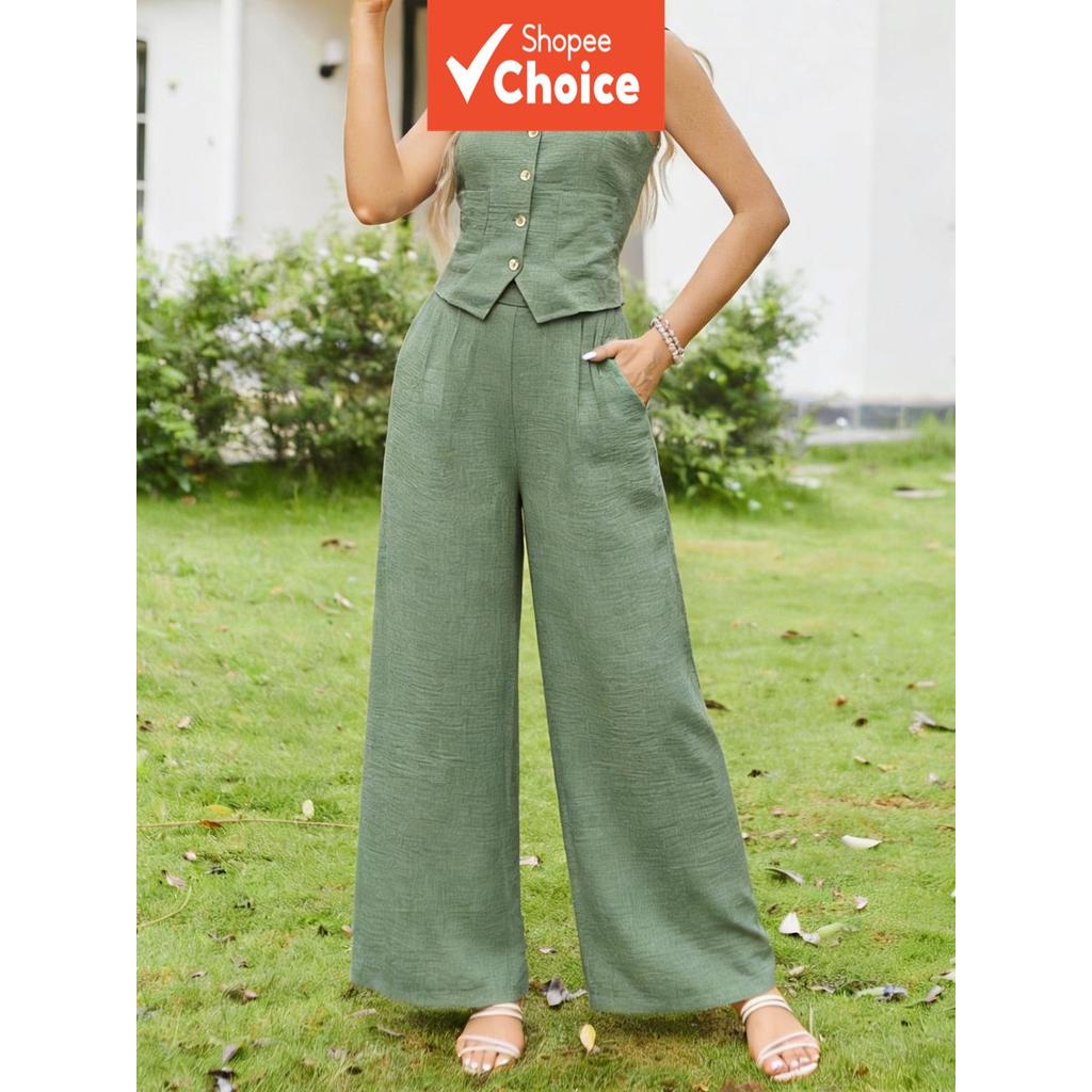 Conjunto verde vintage de duas peças respirável, colete sem mangas e calças de perna larga para férias de verão,