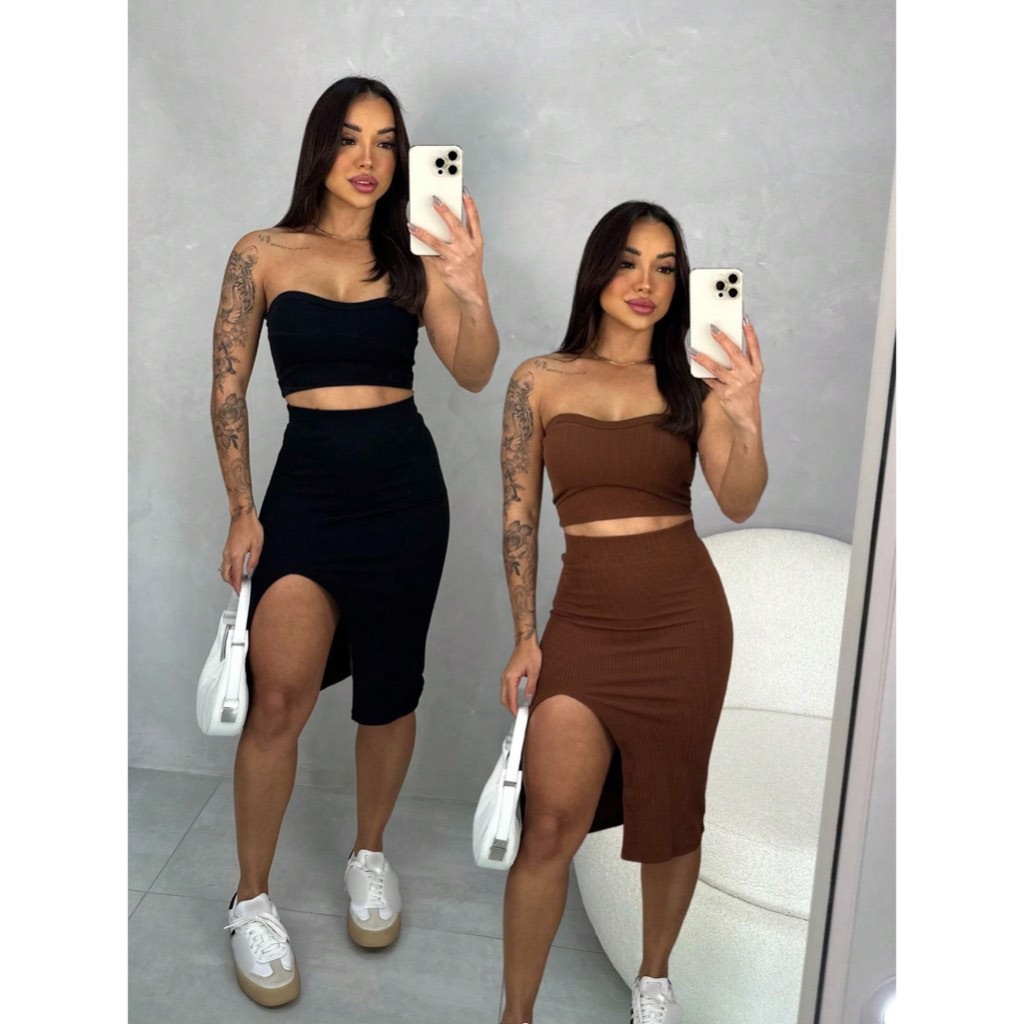 Kit 2 Conjuntos Feminino Elegante Cropped Tomara Que Caia Nuvem + Saia Midi Com Fenda