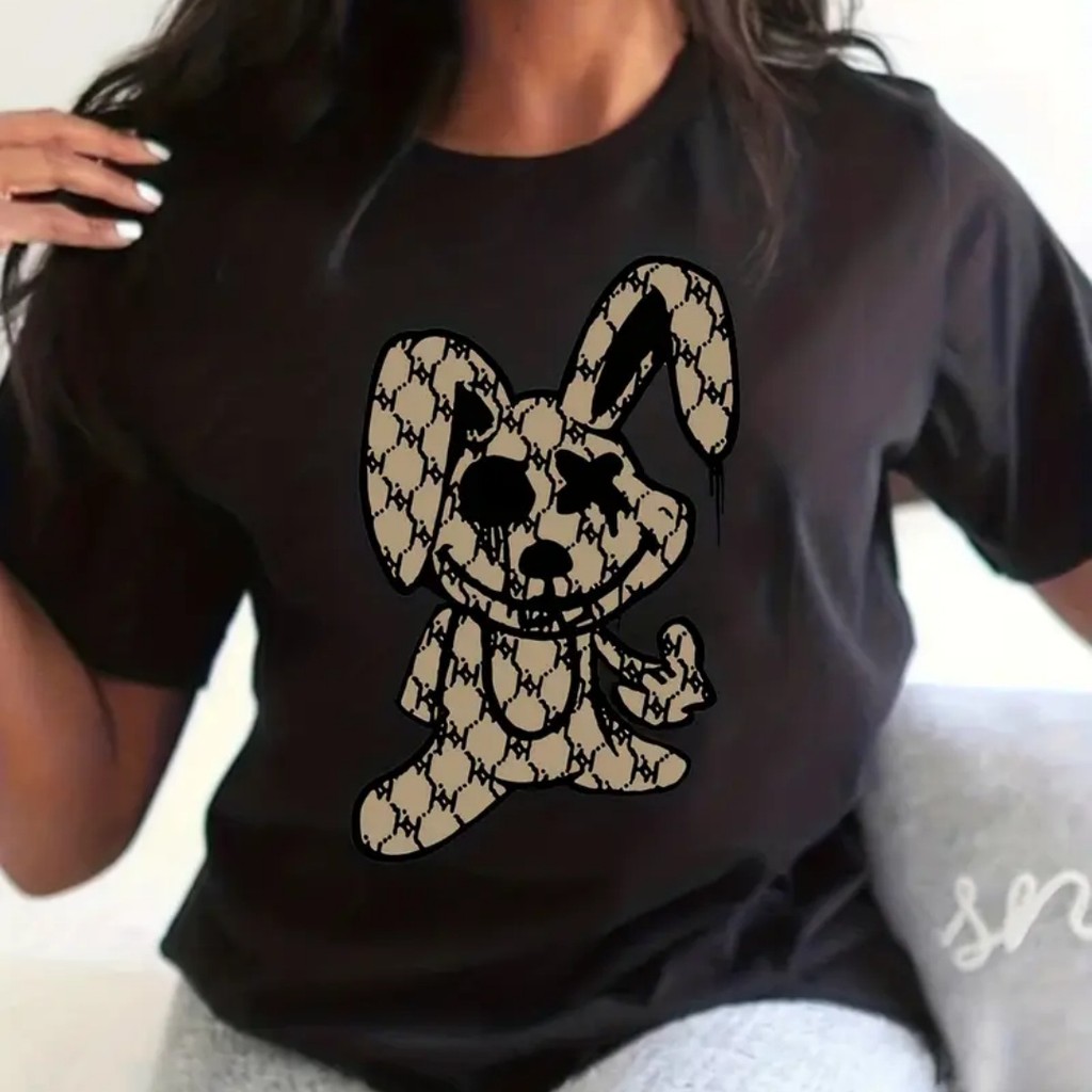 Camiseta Con Cuello Redondo Y Estampado De Conejo, Camiseta Informal De Manga Corta Para El Verano, Ropa De Womeb