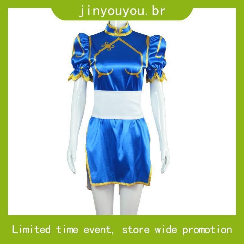 Fantasia de Street Fighter Chun Li , Cheongsam Azul com Presilha de Cabelo e Cinto , Halloween CGQT 4LZ1 YVG8