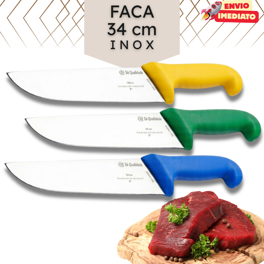 Facas Coloridas em Inox 34 cm - Faca Cabo Colorido - Açougue Restaurante Profissionais