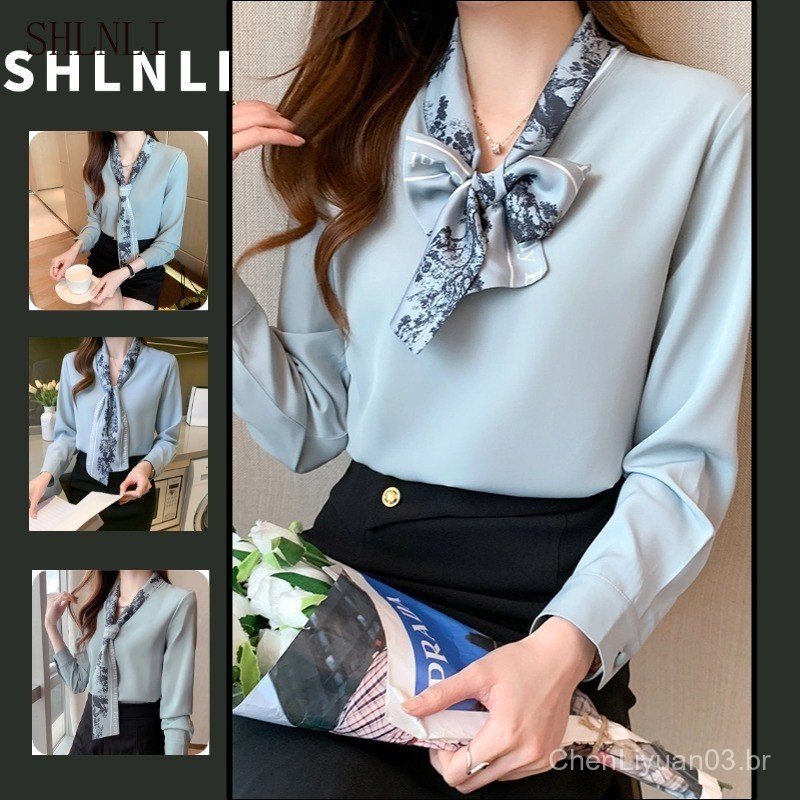Camisa de Manga Longa Estilo Ocidental de Outono com Laço, Blusa Feminina, Laço de Cetim J9DP