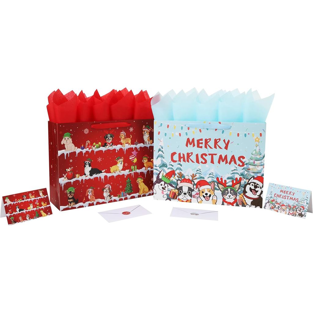 Conjunto de 2 Sacolas de Presente de Natal Extra Grandes de 16,5'' com Alças, Cartão de Saudação, Papel de Seda Azul e V