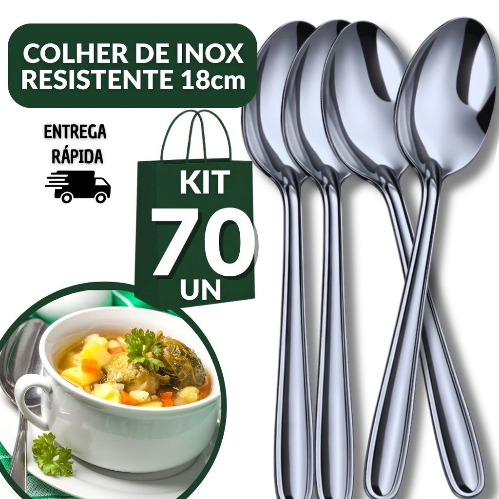 Jogo 70 Peças Colher Mesa Elegante Aço Inox Casa Restaurante Churrascaria Pizzaria Lanchonete Buffet Utilidades Arraiá