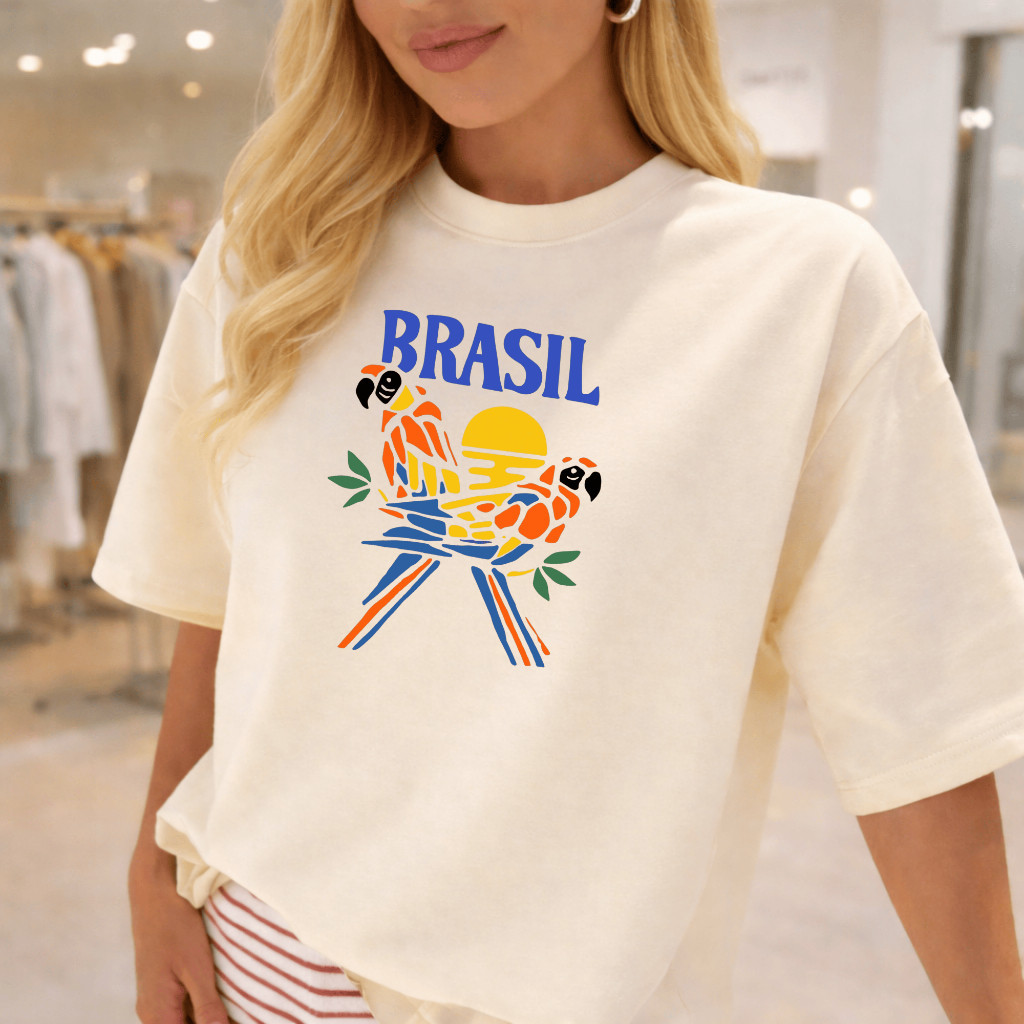 Camiseta Feminina Araras Estampa Tropical Algodão Premium Confortável Moda Verão Casual
