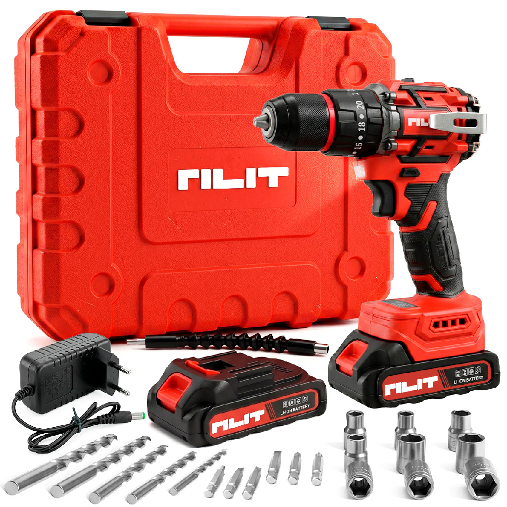 Parafusadeira Furadeira Impacto Sem Fio Rilit 20v 2 Baterias Vermelho 20v