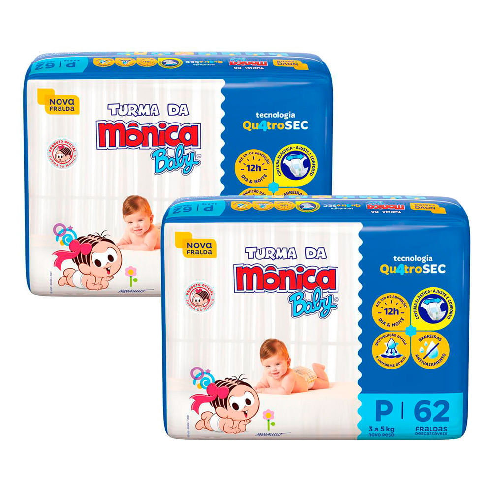 Kit 2 Fralda Turma da Mônica Baby Tamanho P Pacote Mega 62 Unidades Descartáveis