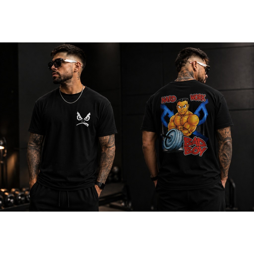 Camiseta Masculina Preta Estampada Academia Oversized Streetwear Algodão Manga Curta Treino Musculação