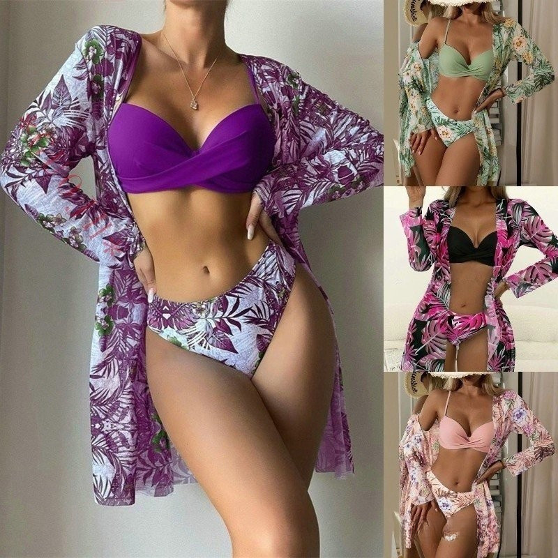 Conjunto De Biquíni De Cintura Alta 3 Feminino Com Sutiã Camisa De Três Peças Quimono Estampa Rosa 0PYO