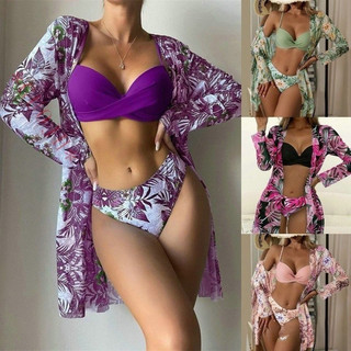 Conjunto De Biquíni De Cintura Alta 3 Feminino Com Sutiã Camisa De Três Peças Quimono Estampa Rosa 0PYO