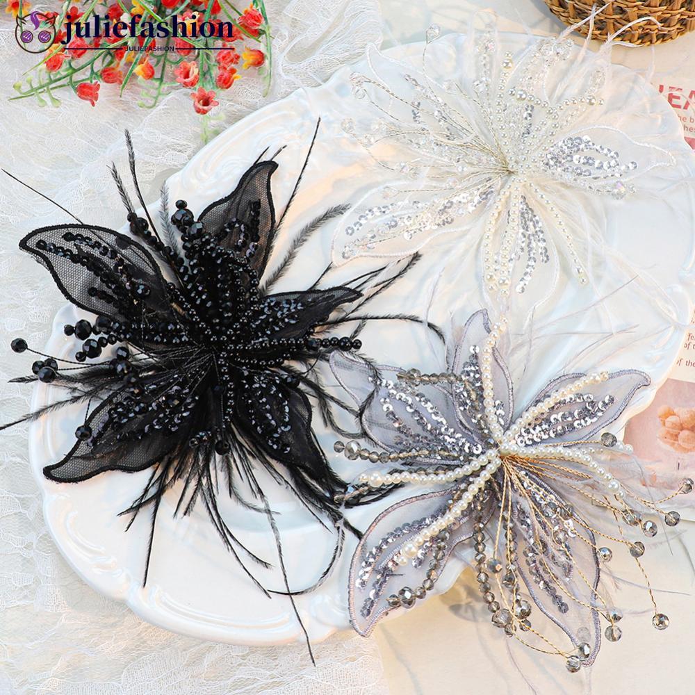 JULIEFASHION Pena Etéreo Pérola 3D Organza Flor Patch Fio Torcido Renda Cravejada Remendo Feito À Mão Para Acessórios De