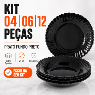 Kit Jogo de 04/06/12 Pratos De Vidro Opaline Fundo Liso Preto Canelado 24 cm Resistente muito duravel.