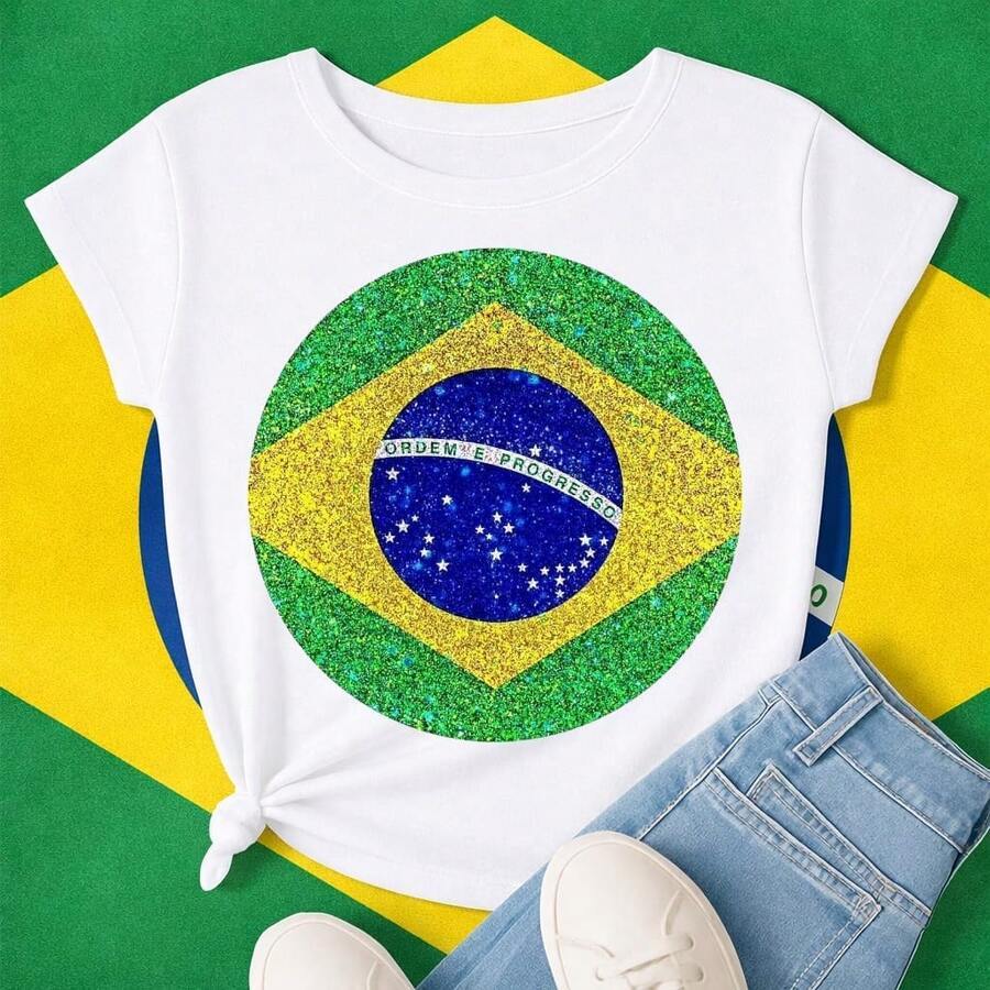 Camiseta feminina branca de poliéster com estampa brilhante da bandeira do Brasil