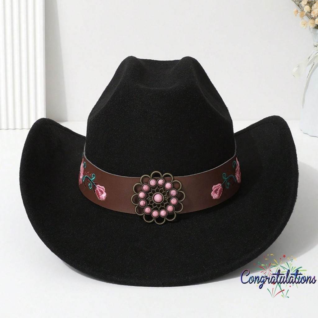 Cong-Men Mulheres Chapéu De Cowgirl De Feltro Aba Larga Jazz Cap Flor Bordado Cinto De Couro Design Boné Ocidental