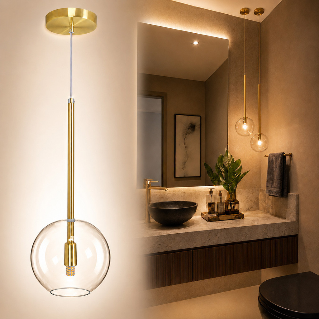 Pendente Lux Dourado Globo Vidro Cristal + Led