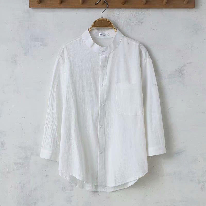 Camisa de linho masculina de manga três quartos verão novo estilo solto estilo fino respirável cor sólida camisa de linh