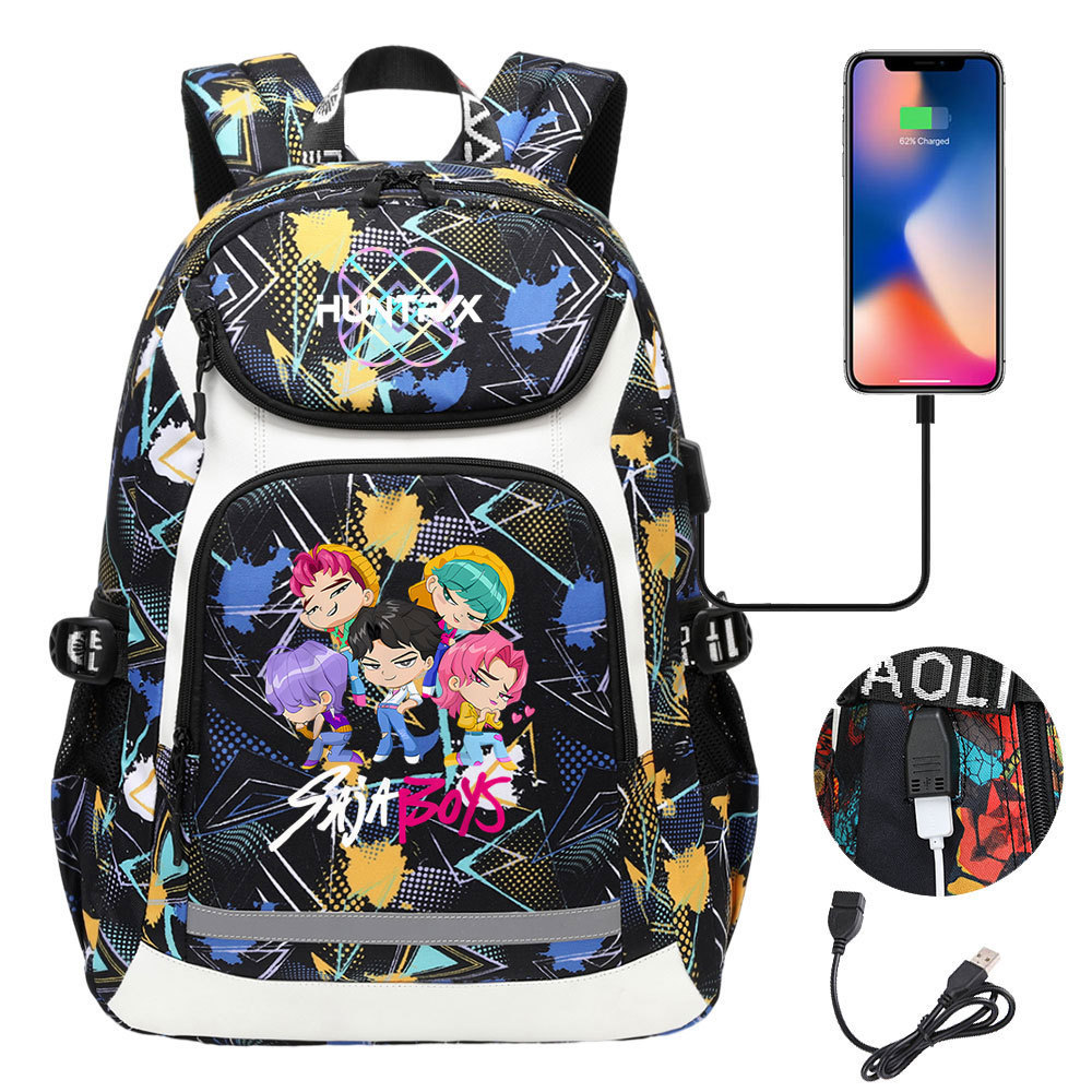 Mochila Estampada com Faixa Refletiva 'Caçadora de Demônios' para Adolescentes e Estudantes, Bolsa de Viagem em Patchwor