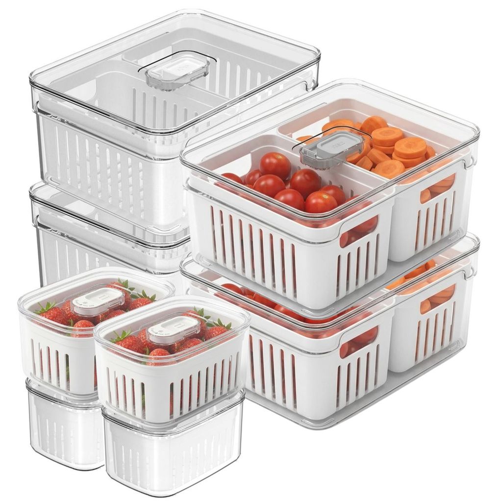 Kit 8 Organizadores Geladeira 2,2L 0,65L Cozinha ClearFresh Armário Vegetal Frutas Acrílico Multiuso