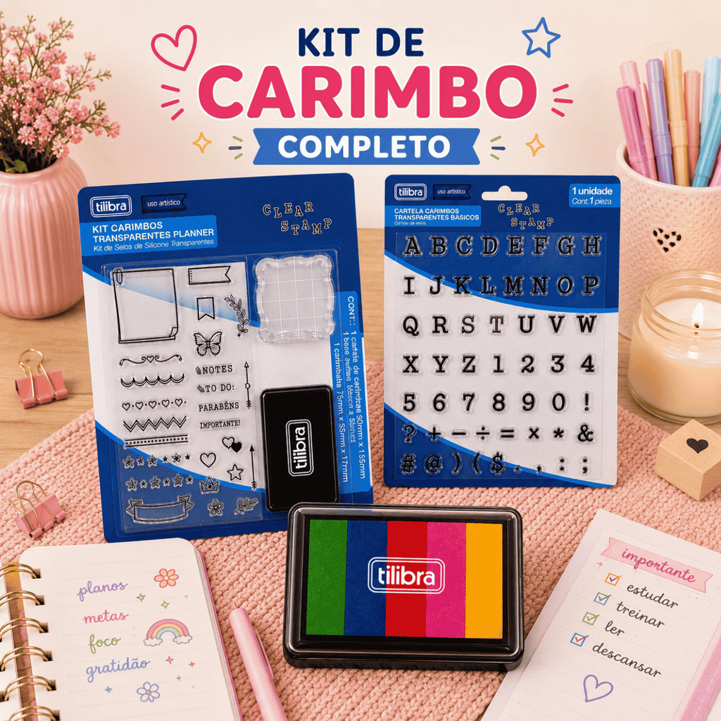 Kit Carimbo Transparente Planner Tilibra +Carimbeira + Carimbo Alfabeto - Tilibra